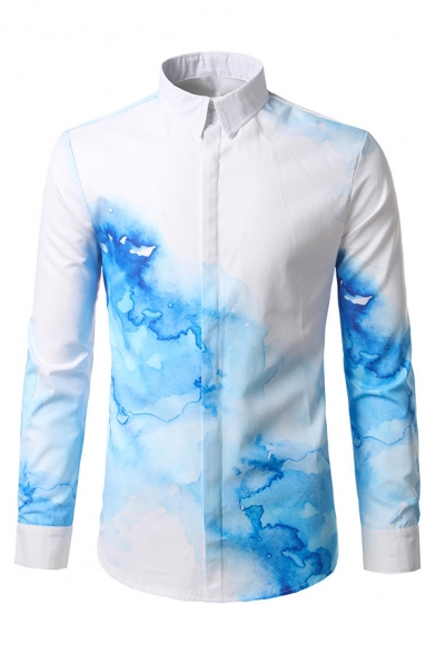 Mens New Fashionable Tie Dye Print Long Sleeve Button Down White and Blue Leisure Shirt