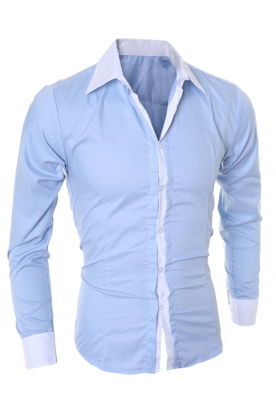 Mens Popular Contrast Collar Long Sleeve Slim Fit Button Up Classic Shirt