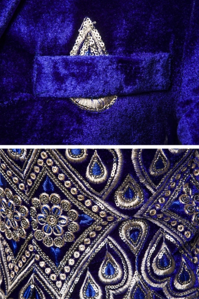 Mens Popular Retro Floral Embroidery Print Long-Sleeved One Button Velvet Tuxedo Blazer