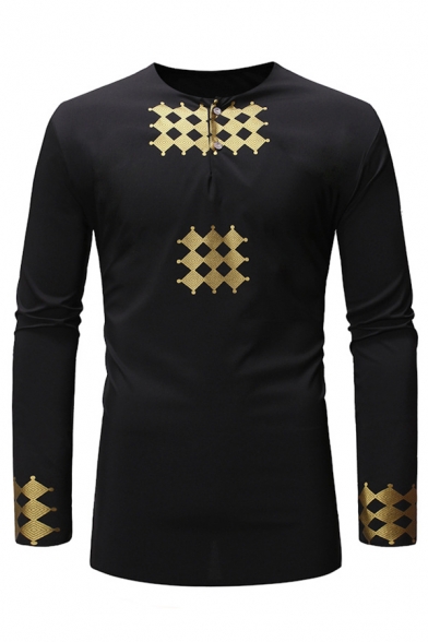 Mens Retro Geometric Pattern Long Sleeve Button Front African Style Tunic Shirt
