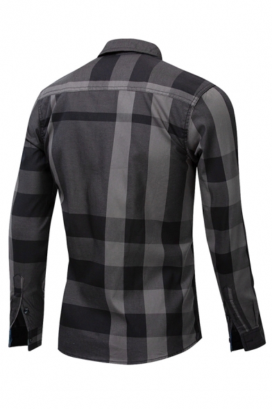 Mens Simple Checked Pattern Long Sleeve Button Up Slim Fit Cotton Shirt