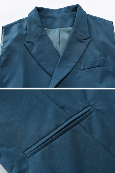 Mens Simple Peak Collar Double Breasted Slim Fit Dark Blue Plain Suit Waistcoat