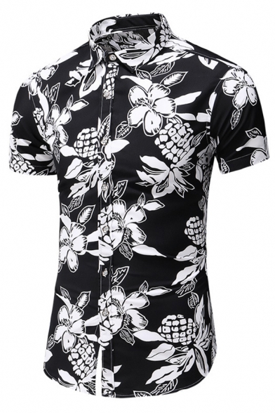 Mens Simple White Floral Printed Short Sleeves Single Breasted Black Hawaii Shirt