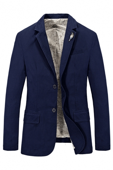 Mens Stylish Bird Printed Notched Lapel Double Button Long Sleeves Navy Blue Plain Suit Blazer