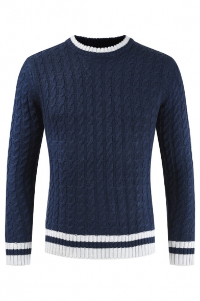 Mens Winter Popular Contrast Trim Long Sleeve Cable Knit Pullover Sweater