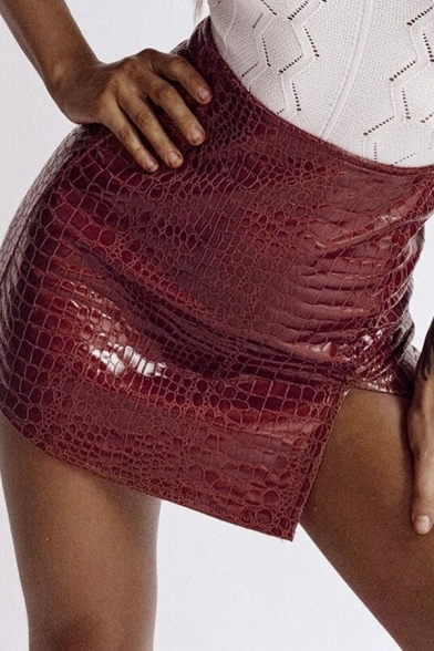 Plain Fancy Girls' Crocodile Pattern Leather Split Tight High Waisted Mini Skirt