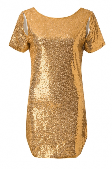 Plain Sparkly Short Sleeve Round Neck Cut Out Open Back Sequined Slit Side Mini A-Line Tee Dress for Party Girls