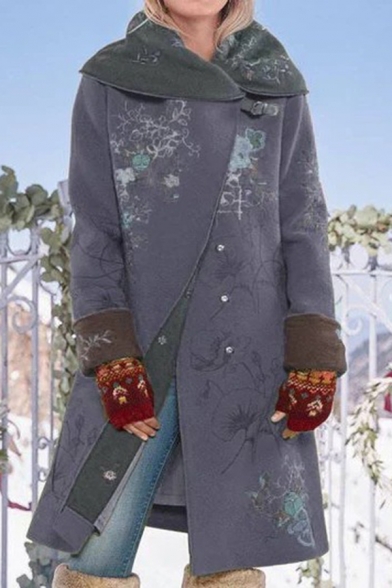 Popular Floral Printed Colorblock Lapel Collar Long Sleeve Longline Woolen Coat