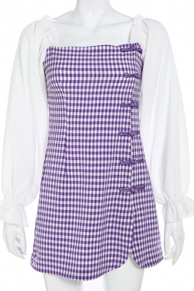 Retro Elegant Colorblock Puff Sleeve Purple Plaid Pattern Square Neck Side Frog Button Mini Dress