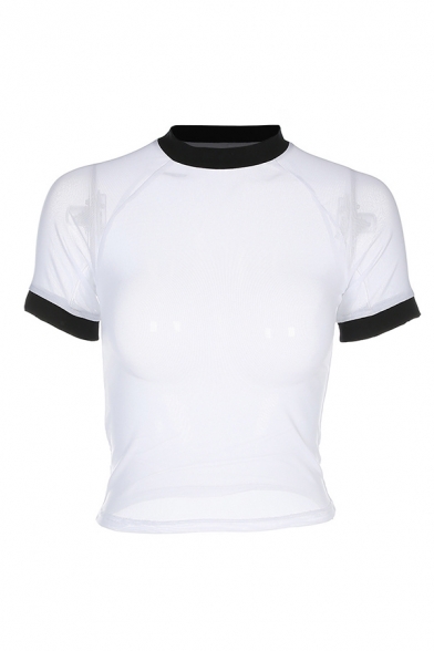 Sexy Girls' Short Sleeve Crew Neck Contrast Pipe See-Through White Mesh Tight T-Shirt