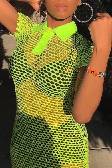 Sexy Plain Fluorescent Green Lapel Collar Button Placket Short Sleeve Mini Fitted Fishnet Party Dress