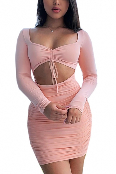 Sexy Plain Sweetheart Neck Ruched Drawstring Detail Cutout Long Sleeve Mini Bandage Dress for Club