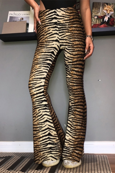Sexy Stylish Elastic Waist Leopard Print Full Length Slim Fit Brown Flared Trousers for Girls