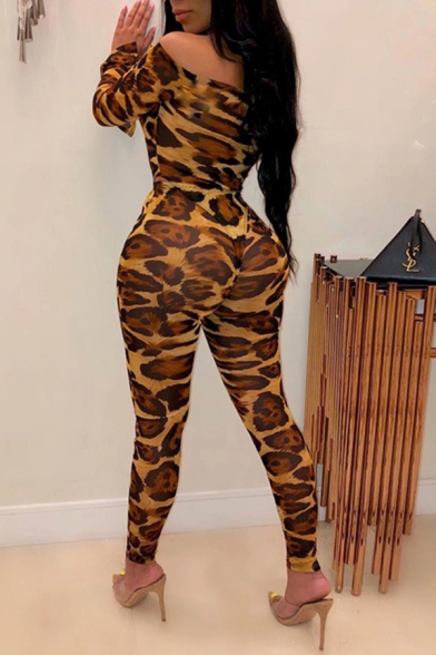 Sexy Women's Slit Sleeve Off The Shoulder Leopard Patterned Skinny Long Stretchy Jumpsuit in Brown