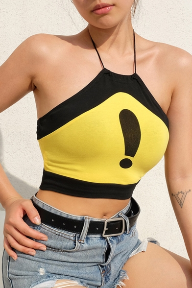 Sexy Yellow Sleeveless Halter Contrast Pipe Exclamation Mark Print Crop Tube Top for Girls