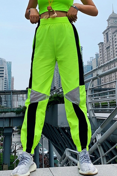 Sport Street Green Elastic Waist Contrasted Piped Sheer Mesh Patched Cuffed Ankle Oversize Tapered Trousers for Female