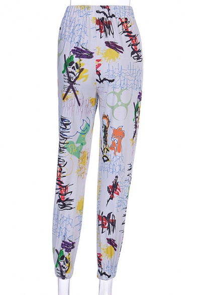 Street Chic Stylish Women's Mid Rise Mixed Patterned Cuffed Long Baggy Carrot Trousers in White