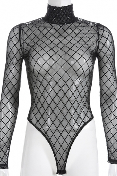 Street Sexy Long Sleeve High Neck Hollow Out Black Mesh Diamond Detail Slim Fit Bodysuit for Girls