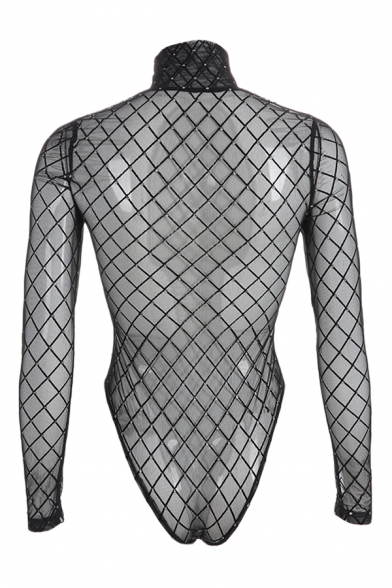 Street Sexy Long Sleeve High Neck Hollow Out Black Mesh Diamond Detail Slim Fit Bodysuit for Girls