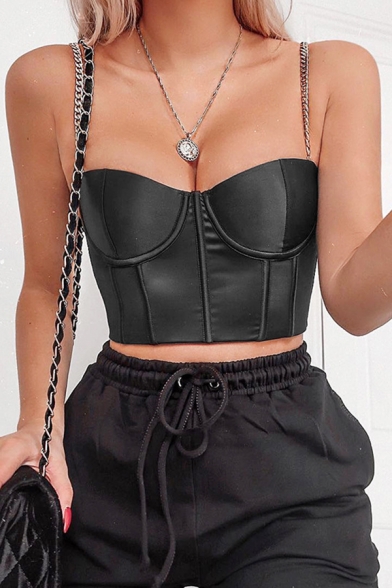 Sweet Black Girls' Sleeveless Sweetheart Neck Hook and Eye Back Chain Detail Fitted Crop Cami Top for Party