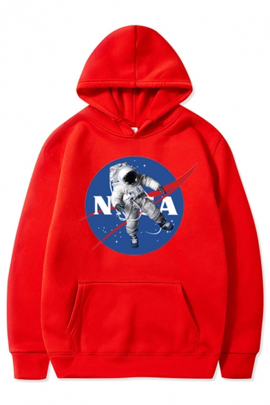 Unique Astronaut NASA Logo Printed Long Sleeve Kangaroo Pocket Boxy Pullover Hoodie