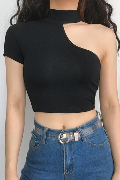 Unique Black Women's Short Sleeve One-Shoulder Choker Cotton Slim Crop T-Shirt