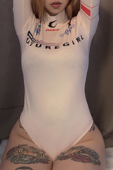 Unique Female Long Sleeve High Neck Letter Graphic Print High Cut Soft Slim Fit Bodysuit in White