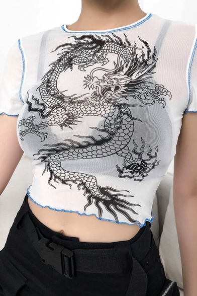 Unique White Short Sleeve Crew Neck Dragon Pattern Stringy Selvedge Contrast Pipe Sheer Fitted Crop T Shirt for Women