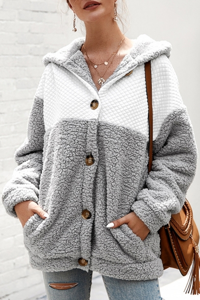 Winter Popular Color Block Sherpa Panel Long Sleeve Button Up Loose Hoodie Coat
