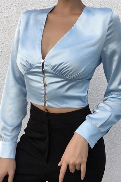 Women’s Long Sleeve Deep V-neck Plain Button Down Crop Top Blouse