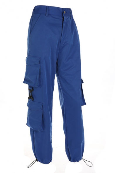 Women's Plain Street Mid Rise Utility Buckled Cuffed Full Length Oversize Cargo Trousers