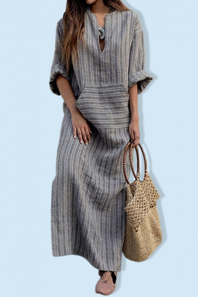 Women's Simple Short Sleeve V-Neck Striped Pocket Linen Maxi Oversize Dress in Grey
