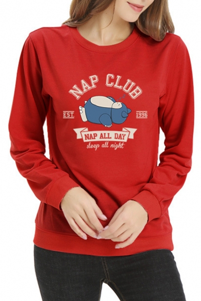 Womens Casual NAP CLUB Letter Cartoon Printed Long Sleeve Crew Neck Pullover Sweatshirt