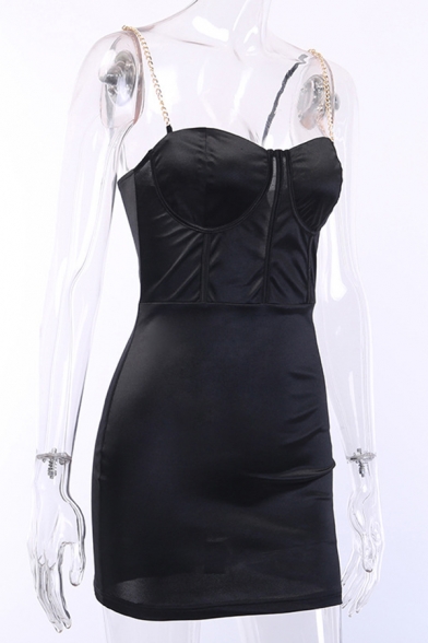 Womens Chic Black Adjustable Chain Straps Sleeveless Fitted Mini Party Bustier Dress