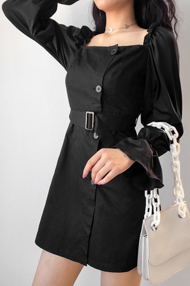 Womens Chic Plain Black Square Neck Puff Long Sleeve Button Down Mini A-Line Belted Dress