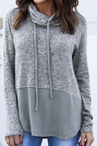 Womens Color Block Drawstring Cowl Neck Long Sleeve Curved Hem Gray Oversized Thin Sweatshirt