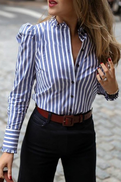 Womens Elegant Blue Stripe Single Breasted Puff Long Sleeve Lettuce-Edge Trim Shirt