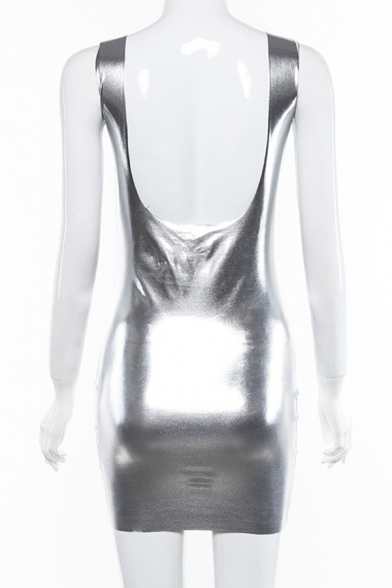 Womens Popular Disco Dancing Plain Silver Metallic Scoop Neck Open Back Mini Bodycon Tank Dress