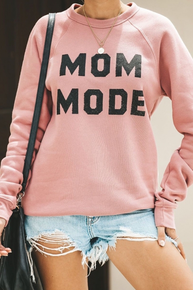 Womens Popular MOM MODE Letter Printed Long Sleeve Pullover Sweatshirt in Pink