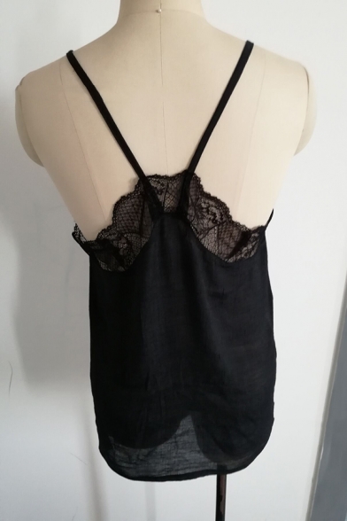 Womens Popular Sheer Mesh Patched V-Neck Spaghetti Straps Loose Cami Top