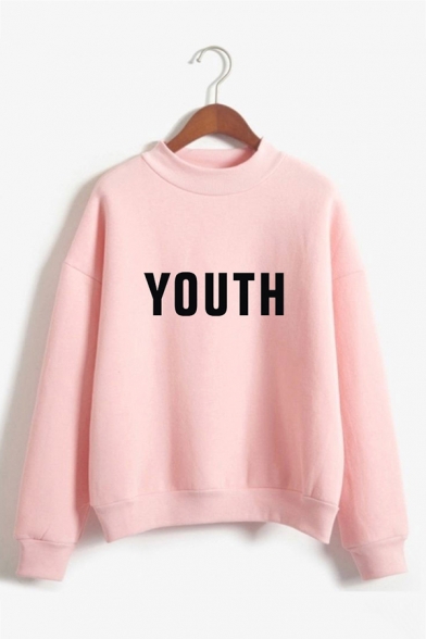 Womens Popular YOUTH Letter Printed Long Sleeve Mock Neck Loose Pullover Sweatshirt