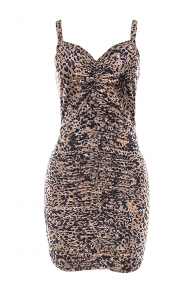 Womens Sexy Brown Leopard Pattern Ruched Front Slim Fit Mini Strap Dress