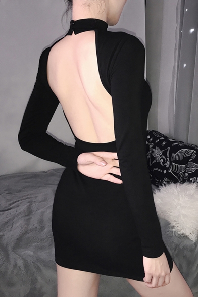 black long sleeve open back dress