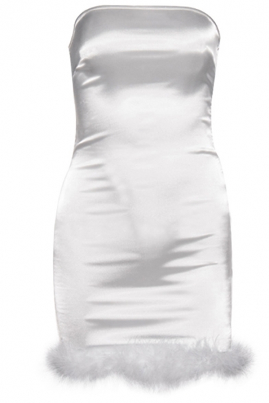 Womens Sexy Plain Metallic White Plush Trim Off the Shoulder Zipper Back Mini Party Dress