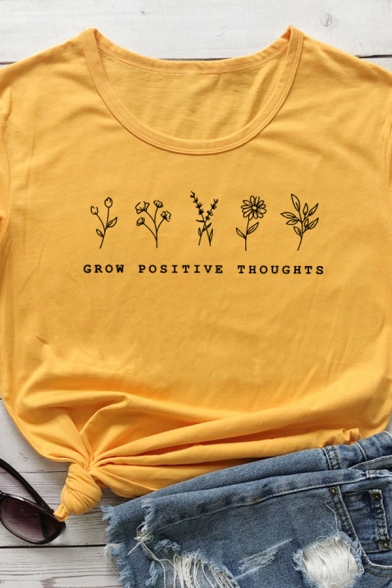 Womens Simple GROW POSITIVE THOUGHTS Print Short Sleeve Graphic T-Shirt