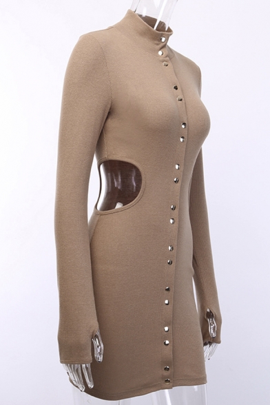 Womens Simple Mock Neck Cutout Glove Long Sleeve Single Breasted Khaki Mini Fitted Club Dress