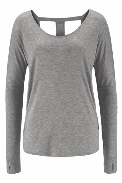 Womens Simple Plain Long Sleeve Scoop Neck Hollow Out Back Sexy Loose T-Shirt