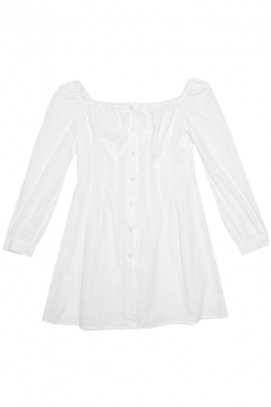 Womens Simple Plain White Off the Shoulder Long Sleeve Button Down Mini A-Line Dress