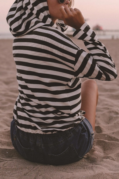Womens Simple Stripe Printed Long Sleeve Drawstring Hem Casual Sports Hoodie with Pocket