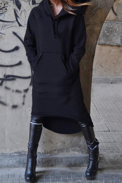 Womens Stylish Plain Long Sleeve High Low Hem Fleece Hoodie Midi Dress with Pouch Pocket